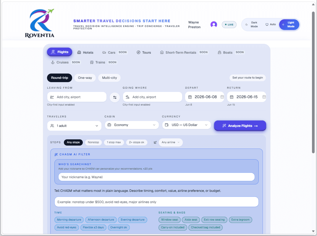 ROVENTIA flight intelligence search